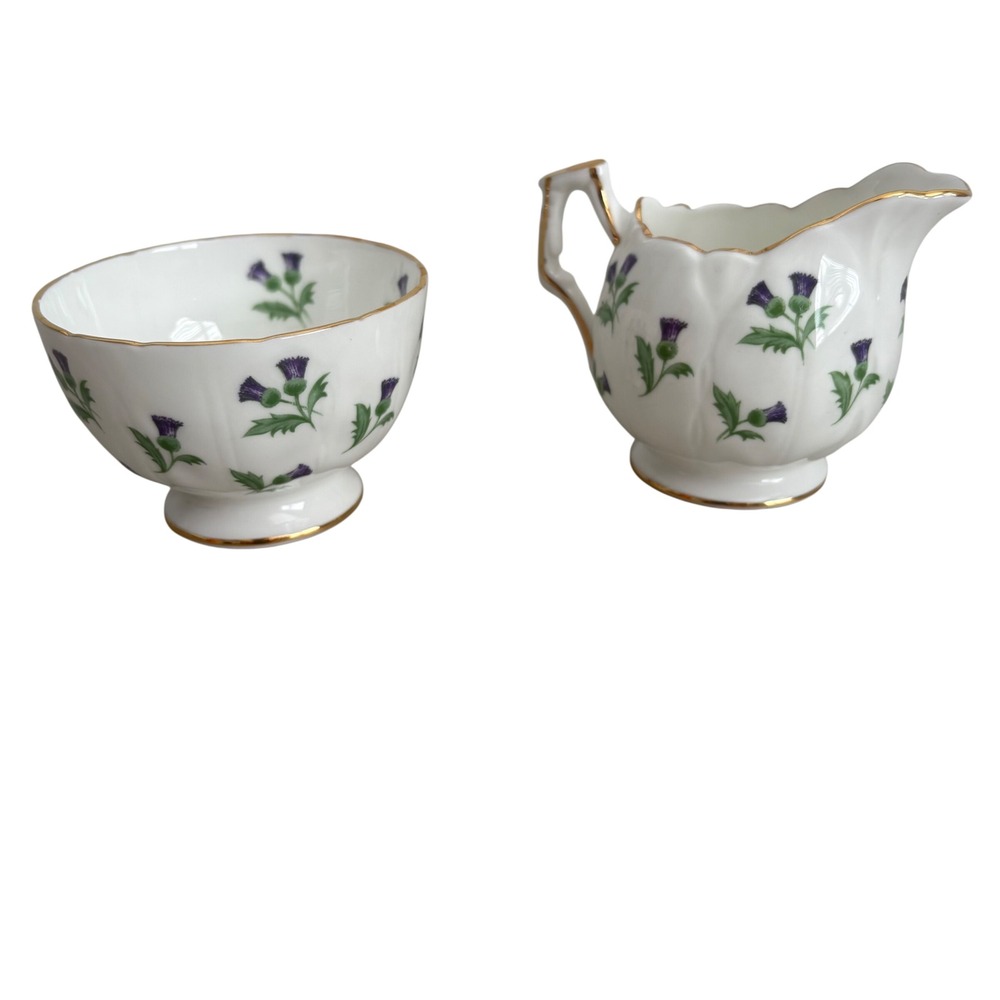 Aynsley Wild Thistle Fine Bone China Creamer & Sugar Bowl Set Gold Trim England
